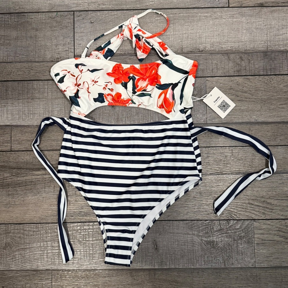 Cupshe White Floral & Navy Striped One-Piece Swimsuit